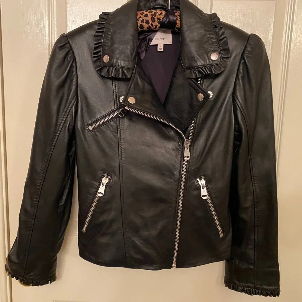 Cinq A Sept Eloise Moto Biker Leather Jacket Ruffled Trim SZ S - Picture 1 of 10
